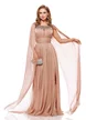 Rochie de ocazie lunga de LUX spectaculoasa din voal mocca mousse usor satinat cu aplicatii argintii si maneci despicate