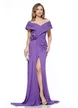 Rochie de ocazie lunga de LUX spectaculoasa din voal mov cu decolteu pe umeri si aplicatii florale