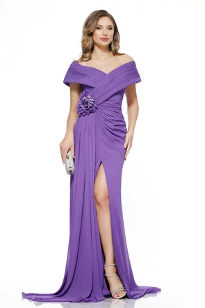 Rochie de ocazie lunga de LUX spectaculoasa din voal mov cu decolteu pe umeri si aplicatii florale