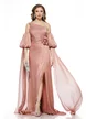 Rochie de ocazie lunga de LUX spectaculoasa din voal roz usor satinat dusty rose cu maneci detasabile