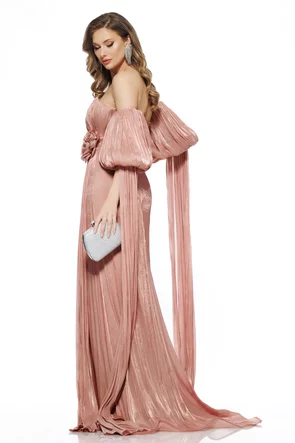 Rochie de ocazie lunga de LUX spectaculoasa din voal roz usor satinat dusty rose cu maneci detasabile