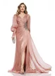 Rochie de ocazie lunga de LUX spectaculoasa din voal satinat dusty rose cu aplicatie premium din cristale argintii