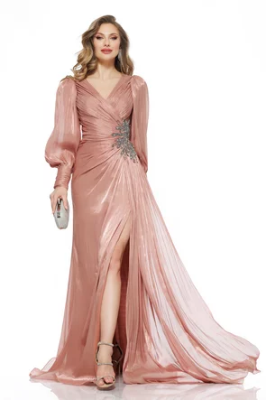 Rochie de ocazie lunga de LUX spectaculoasa din voal satinat dusty rose cu aplicatie premium din cristale argintii