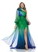 Rochie de ocazie lunga de LUX spectaculoasa din voal satinat imprimat verde albastru aplicatie florala