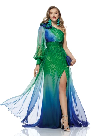 Rochie de ocazie lunga de LUX spectaculoasa din voal satinat imprimat verde albastru aplicatie florala