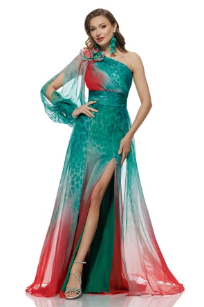 Rochie de ocazie lunga de LUX spectaculoasa din voal satinat imprimat verde cu rosu aplicatie florala