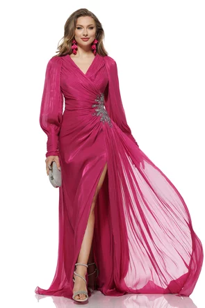 Rochie de ocazie lunga de LUX spectaculoasa din voal satinat magenta cu aplicatie premium din cristale argintii