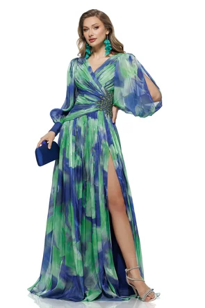 Rochie de ocazie lunga de LUX spectaculoasa din voal satinat verde cu albastru cu aplicatie premium din cristale argintii