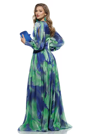 Rochie de ocazie lunga de LUX spectaculoasa din voal satinat verde cu albastru cu aplicatie premium din cristale argintii