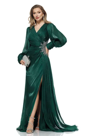 Rochie de ocazie lunga de LUX spectaculoasa din voal satinat verde cu aplicatie premium din cristale argintii