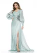 Rochie de ocazie lunga de LUX spectaculoasa din voal satinat verde menta cu aplicatie premium din cristale argintii