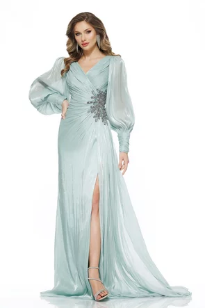 Rochie de ocazie lunga de LUX spectaculoasa din voal satinat verde menta cu aplicatie premium din cristale argintii