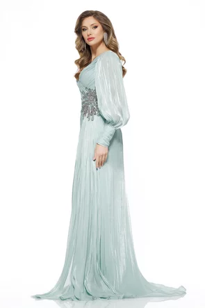 Rochie de ocazie lunga de LUX spectaculoasa din voal satinat verde menta cu aplicatie premium din cristale argintii