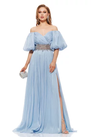 Rochie de ocazie lunga de LUX spectaculoasa din voal usor satinat baby blue cu aplicatii argintii in talie si maneci bufante