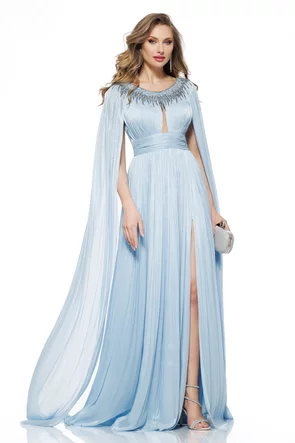 Rochie de ocazie lunga de LUX spectaculoasa din voal usor satinat baby blue cu aplicatii argintii si maneci despicate 