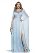 Rochie de ocazie lunga de LUX spectaculoasa din voal usor satinat baby blue cu aplicatii argintii si maneci despicate 