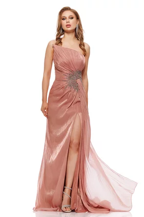 Rochie de ocazie lunga de LUX spectaculoasa din voal usor satinat dusty rose cu aplicatii de cristale