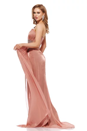 Rochie de ocazie lunga de LUX spectaculoasa din voal usor satinat dusty rose cu aplicatii de cristale