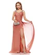Rochie de ocazie lunga de LUX spectaculoasa din voal usor satinat dusty rose cu aplicatii sofisticate de cristale