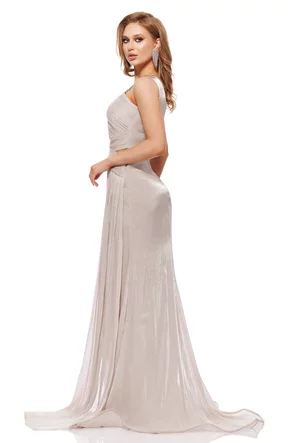 Rochie de ocazie lunga de LUX spectaculoasa din voal usor satinat ivoire nisipiu cu aplicatii sofisticate de cristale