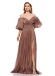 Rochie de ocazie lunga de LUX spectaculoasa din voal usor satinat mocca mouse cu aplicatii argintii in talie si maneci bufante