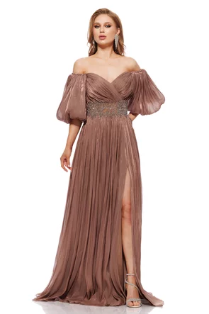 Rochie de ocazie lunga de LUX spectaculoasa din voal usor satinat mocca mouse cu aplicatii argintii in talie si maneci bufante