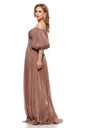 Rochie de ocazie lunga de LUX spectaculoasa din voal usor satinat mocca mouse cu aplicatii argintii in talie si maneci bufante