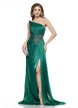 Rochie de ocazie lunga de LUX spectaculoasa din voal usor satinat verde cu aplicatii de cristale