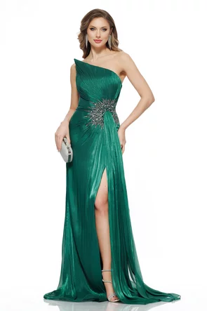Rochie de ocazie lunga de LUX spectaculoasa din voal usor satinat verde cu aplicatii de cristale