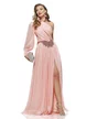 Rochie de ocazie lunga de LUX spectaculoasa pe un umar din voal satinat roz cu aplicatie premium din cristale argintii