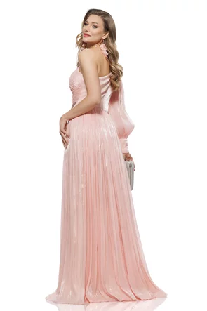 Rochie de ocazie lunga de LUX spectaculoasa pe un umar din voal satinat roz cu aplicatie premium din cristale argintii