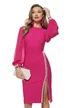 Rochie de ocazie magenta de LUX midi cu maneci de voal si aplicatii spectaculoase de perle si cristale