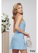 Rochie de ocazie mini baby blue cu corset curea cristale si fundite