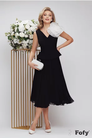 Rochie de ocazie neagra de LUX midi cu peplum fusta din voal fin si floare din organza