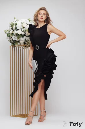 Rochie de ocazie neagra de LUX midi elastica cu pliseuri fronsate spectaculoase