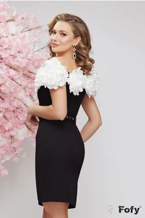 Rochie de ocazie neagra premium cu aplicatii florale albe si curea cu cristale
