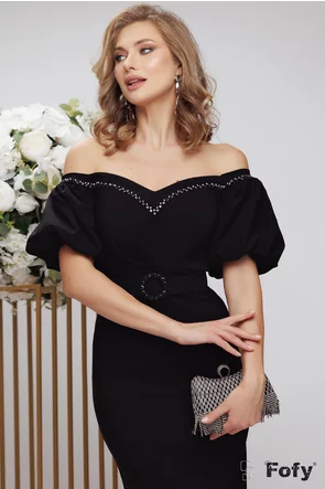 Rochie de ocazie premium neagra cu corset buretat aplicatii de cristale si curea