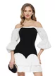 Rochie de ocazie spectaculoasa cu corset grafic negru si fusta alba cu volane