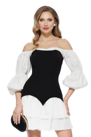 Rochie de ocazie spectaculoasa cu corset grafic negru si fusta alba cu volane