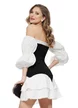Rochie de ocazie spectaculoasa cu corset grafic negru si fusta alba cu volane