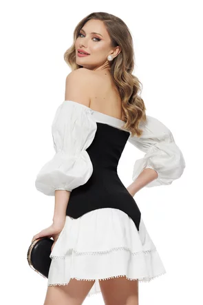 Rochie de ocazie spectaculoasa cu corset grafic negru si fusta alba cu volane