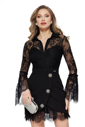 Rochie de ocazie spectaculoasa din dantela premium maneci cu volane si nasturi din cristale