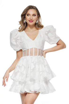 Rochie de ocazie spectaculoasa mini organza alba cu corset si decolteu