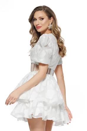 Rochie de ocazie spectaculoasa mini organza alba cu corset si decolteu