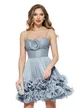 Rochie de ocazie spectaculoasa silver bleu din organza drapata cu volane romantice si corset reglabil