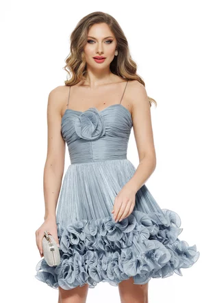 Rochie de ocazie spectaculoasa silver bleu din organza drapata cu volane romantice si corset reglabil