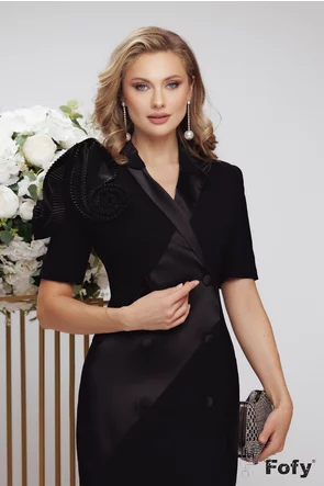Rochie de ocazie tip sacou de LUX neagra cu insertie de tafta si floare plisata