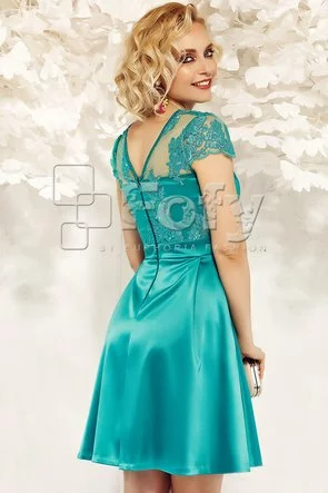 Rochie Fofy de ocazie turquoise din tafta și dantelă