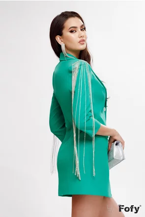 Rochie de ocazie verde elegantă tip sacou cu franjuri din strassuri premium maxi