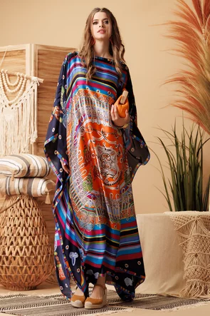 Rochie de plaja din matase diafana cu blazon baroc multicolor